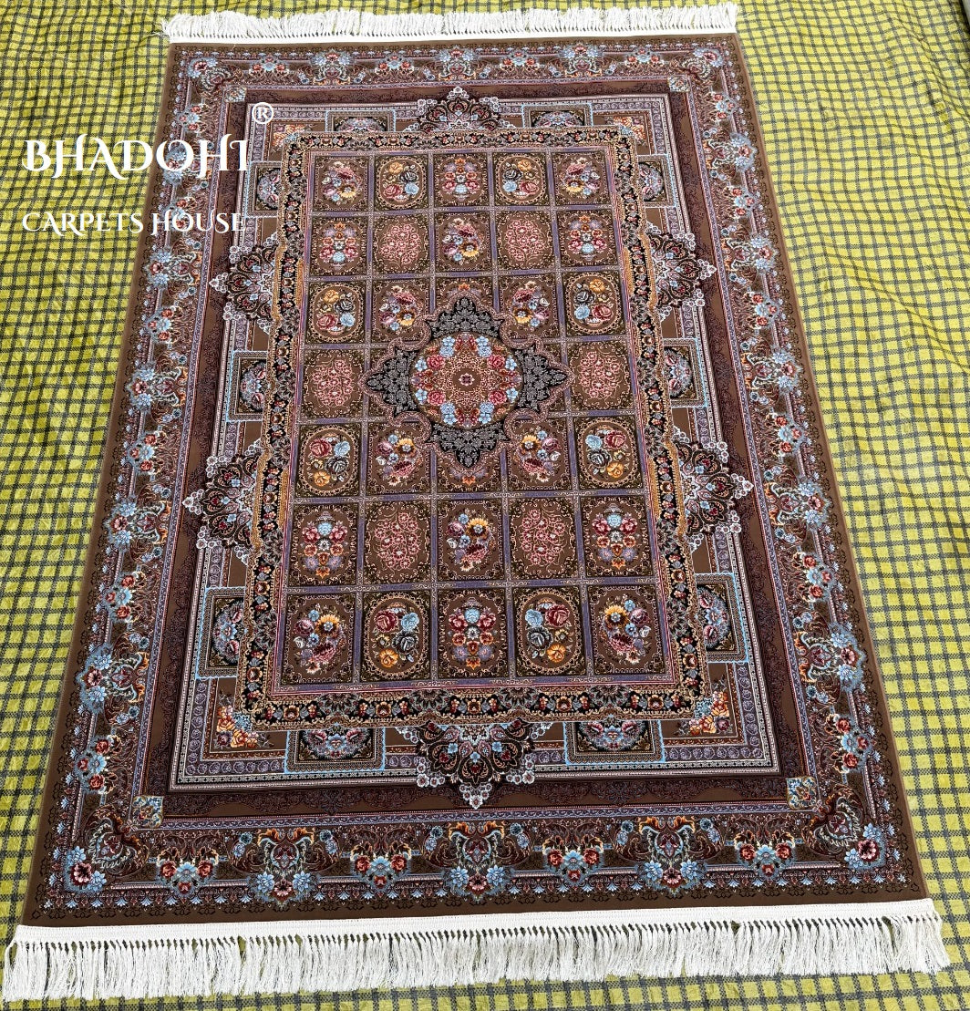 Brown Color Iranian Knotted 1200 Reeds Silk Rug