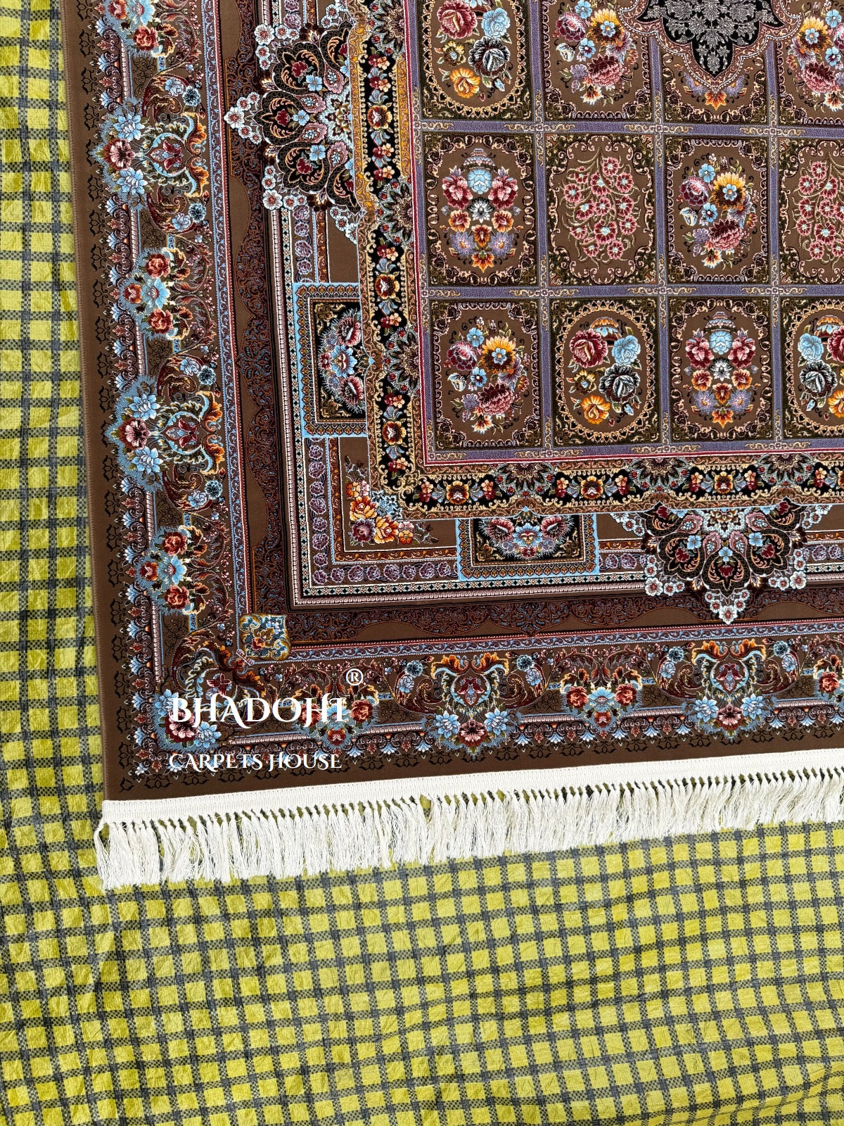 Brown Color Iranian Knotted 1200 Reeds Silk Rug