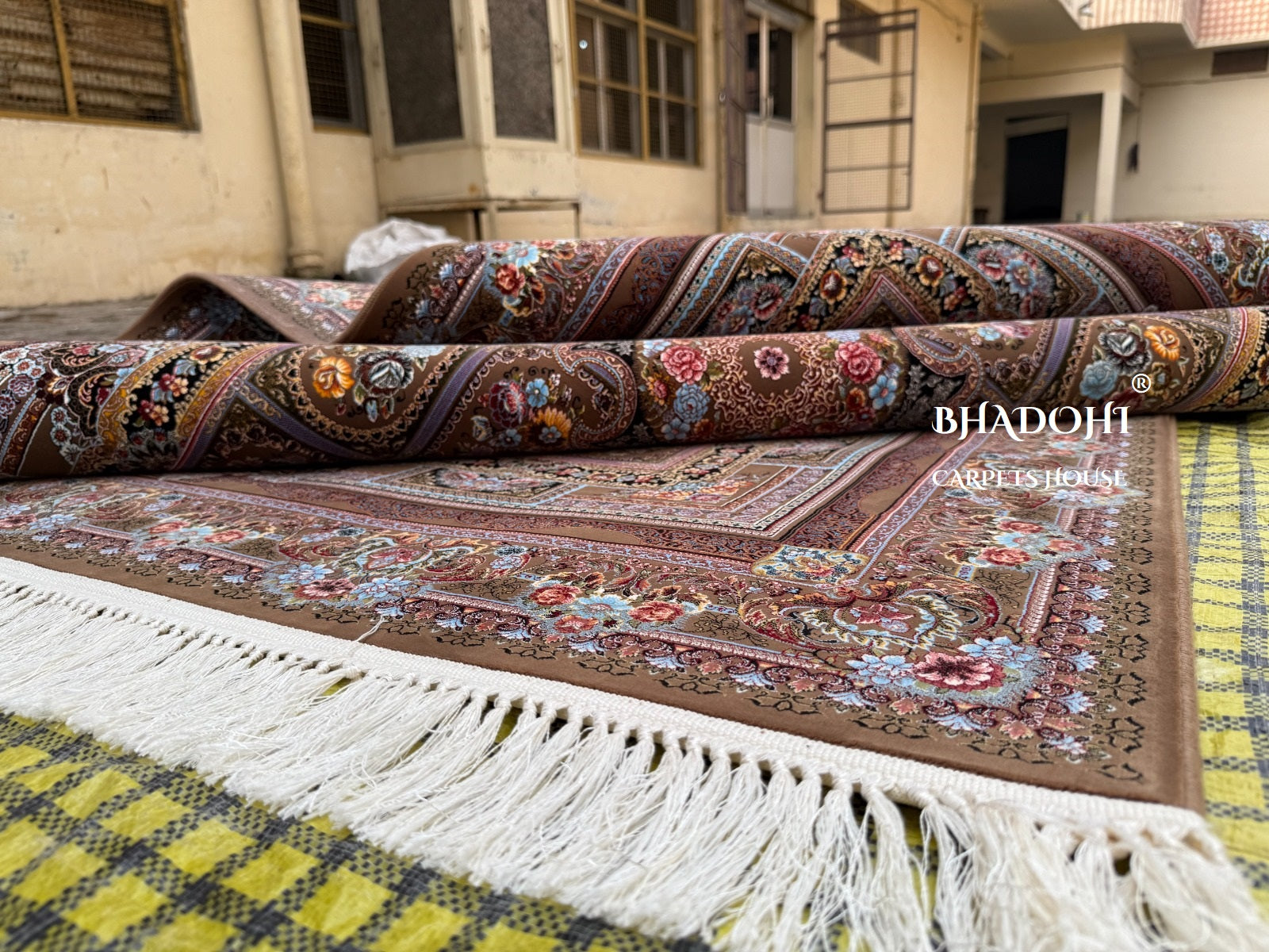 Brown Color Iranian Knotted 1200 Reeds Silk Rug