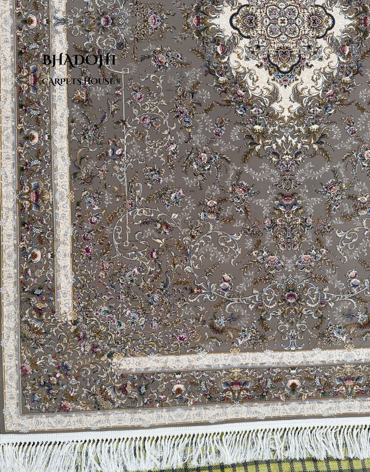 Beige Color Iranian Knotted 1200 Reeds Silk Rug