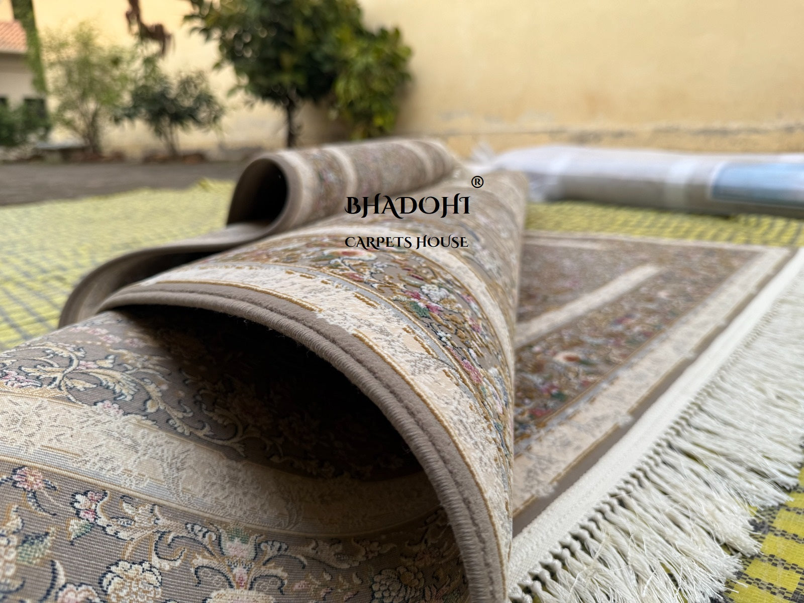 Beige Color Iranian Knotted 1200 Reeds Silk Rug