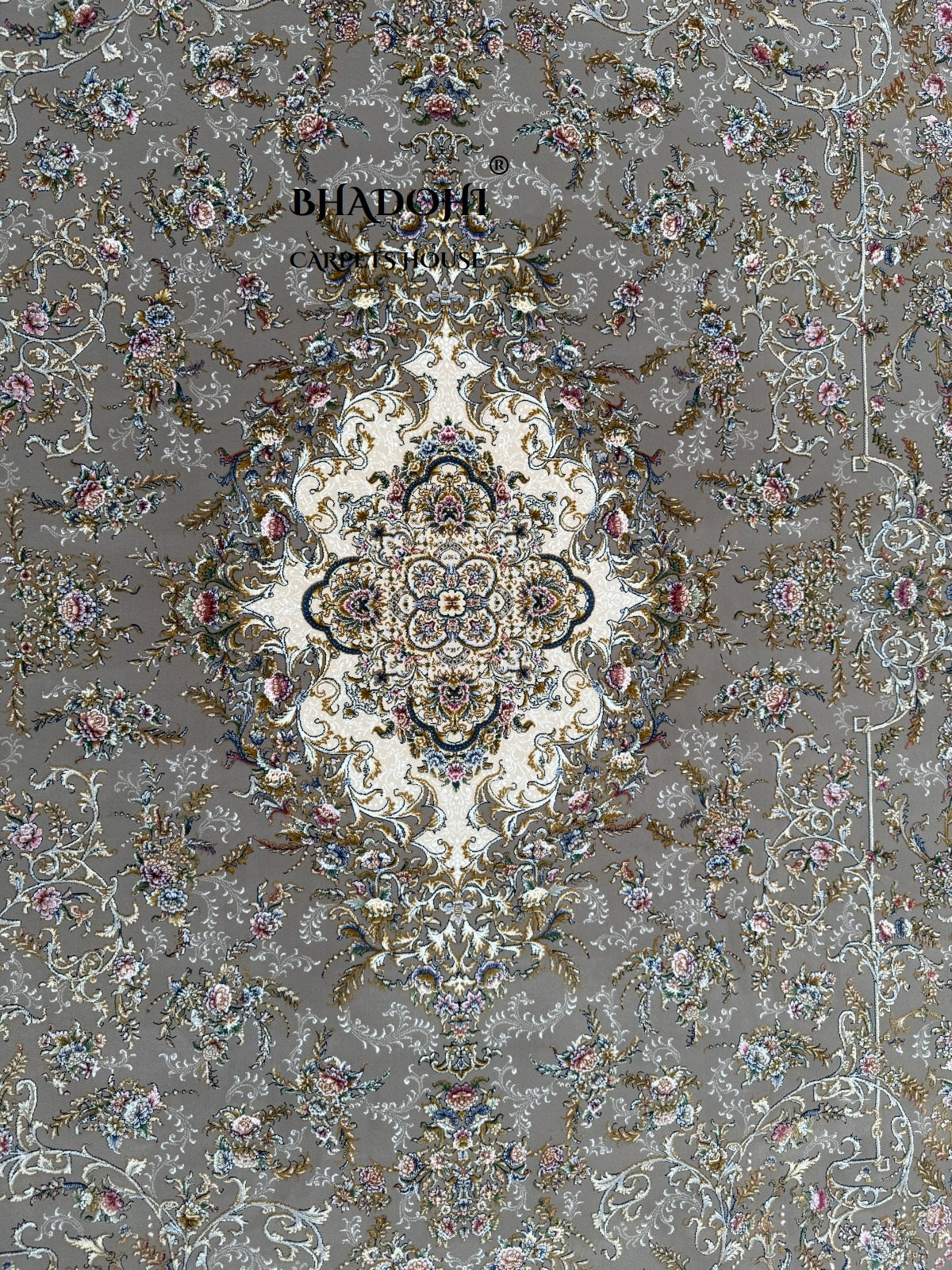 Beige Color Iranian Knotted 1200 Reeds Silk Rug