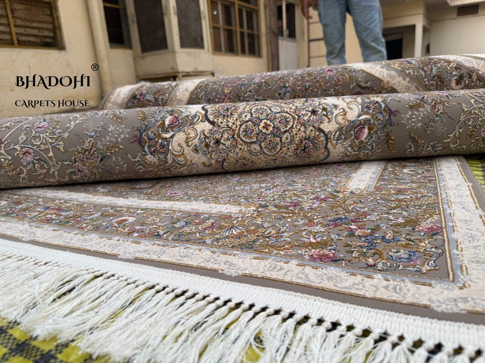 Beige Color Iranian Knotted 1200 Reeds Silk Rug