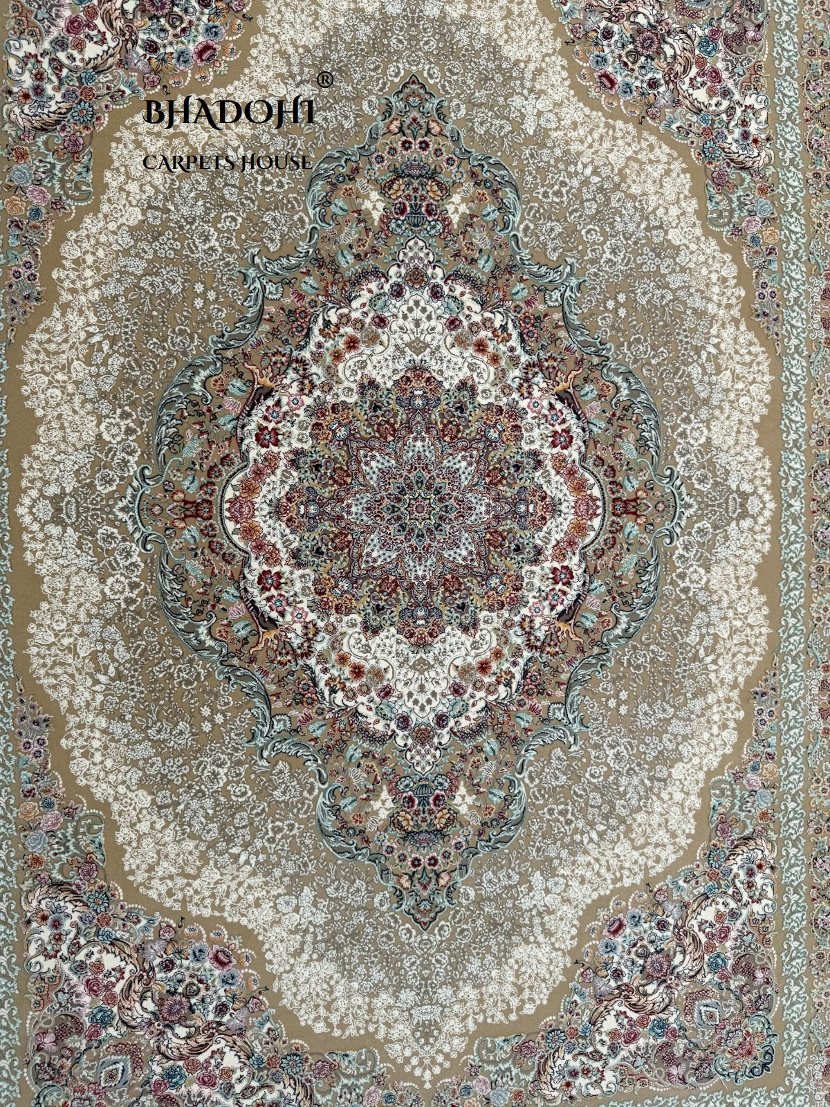 Beige Color Iranian Knotted 1200 Reeds Silk Rug