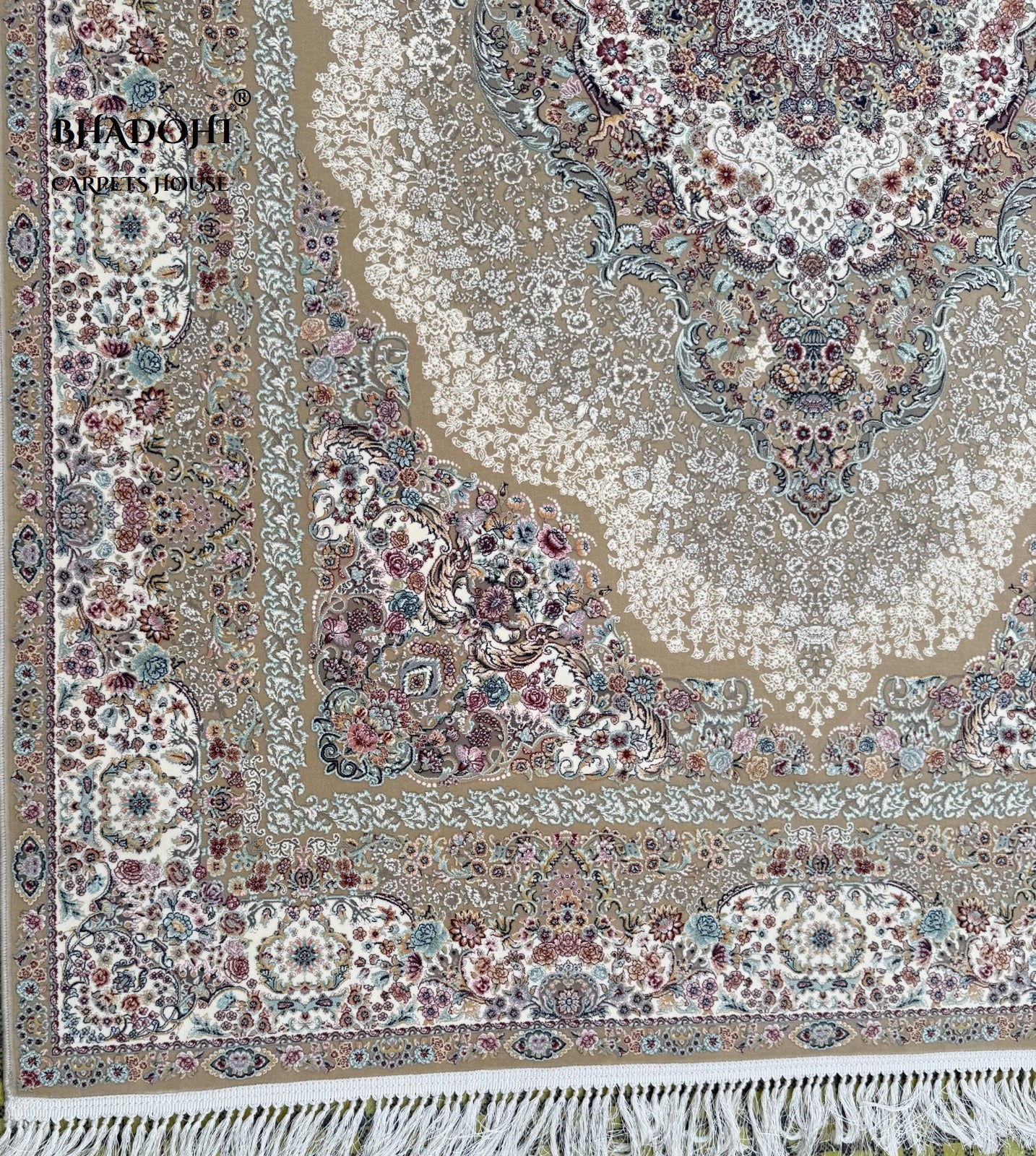 Beige Color Iranian Knotted 1200 Reeds Silk Rug