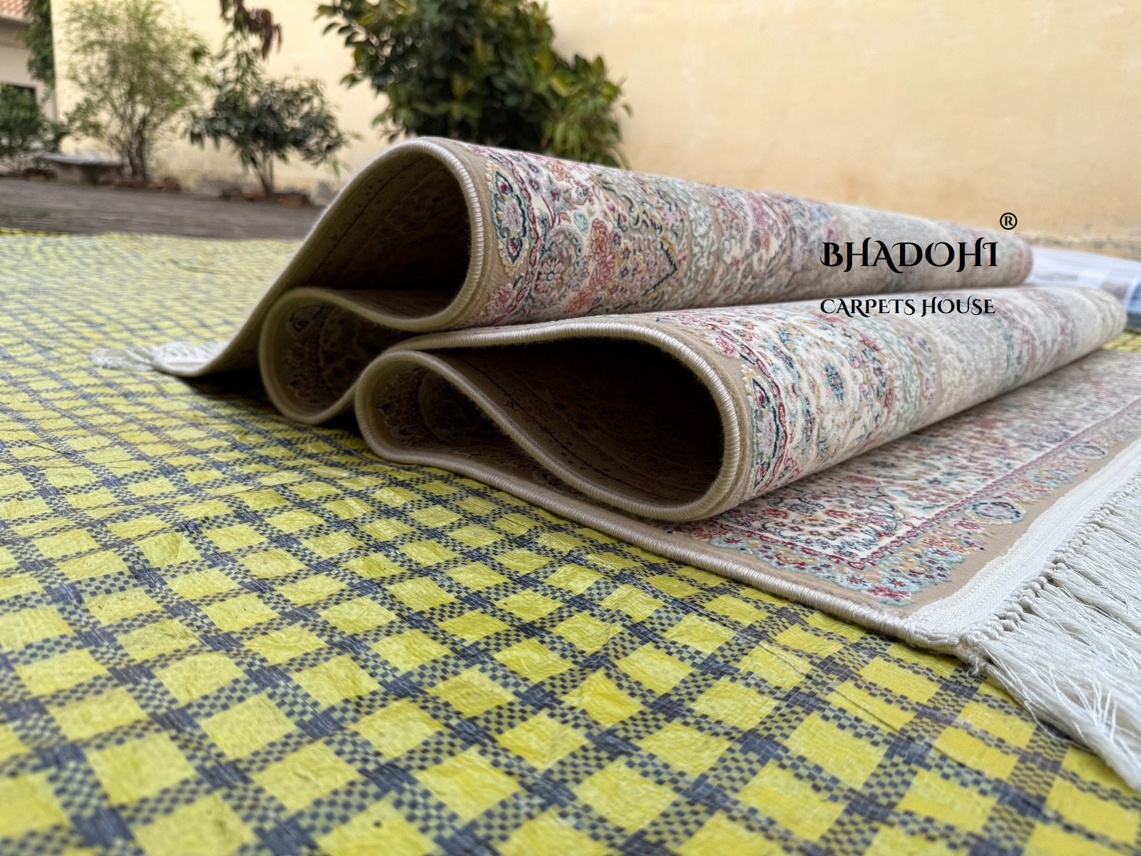 Beige Color Iranian Knotted 1200 Reeds Silk Rug