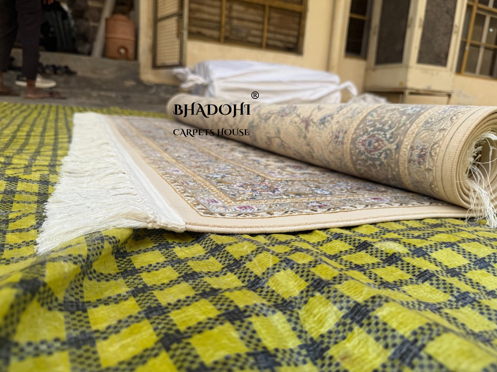 Beige Color Iranian Knotted 1200 Reeds Silk Rug