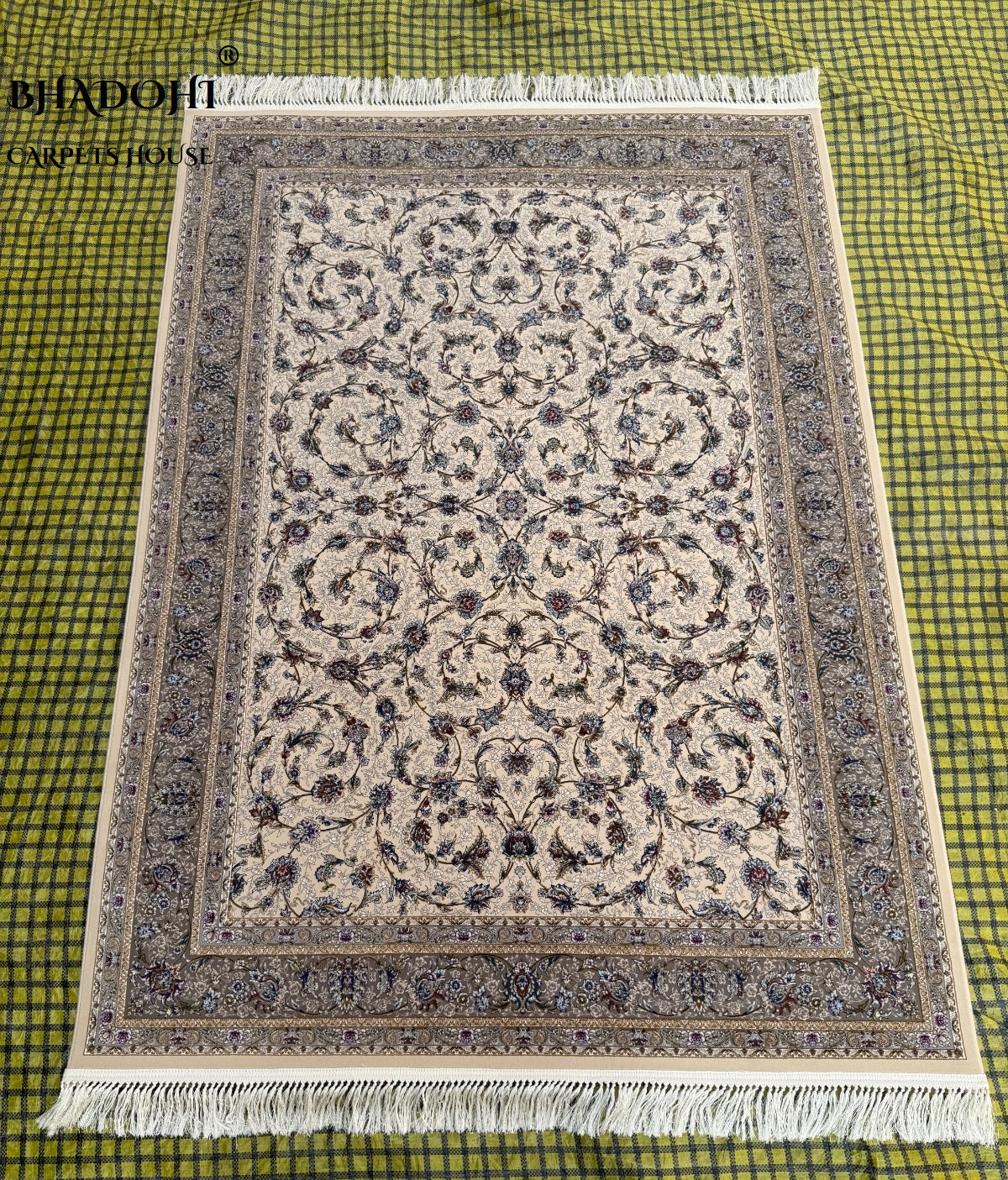 Beige Color Iranian Knotted 1200 Reeds Silk Rug