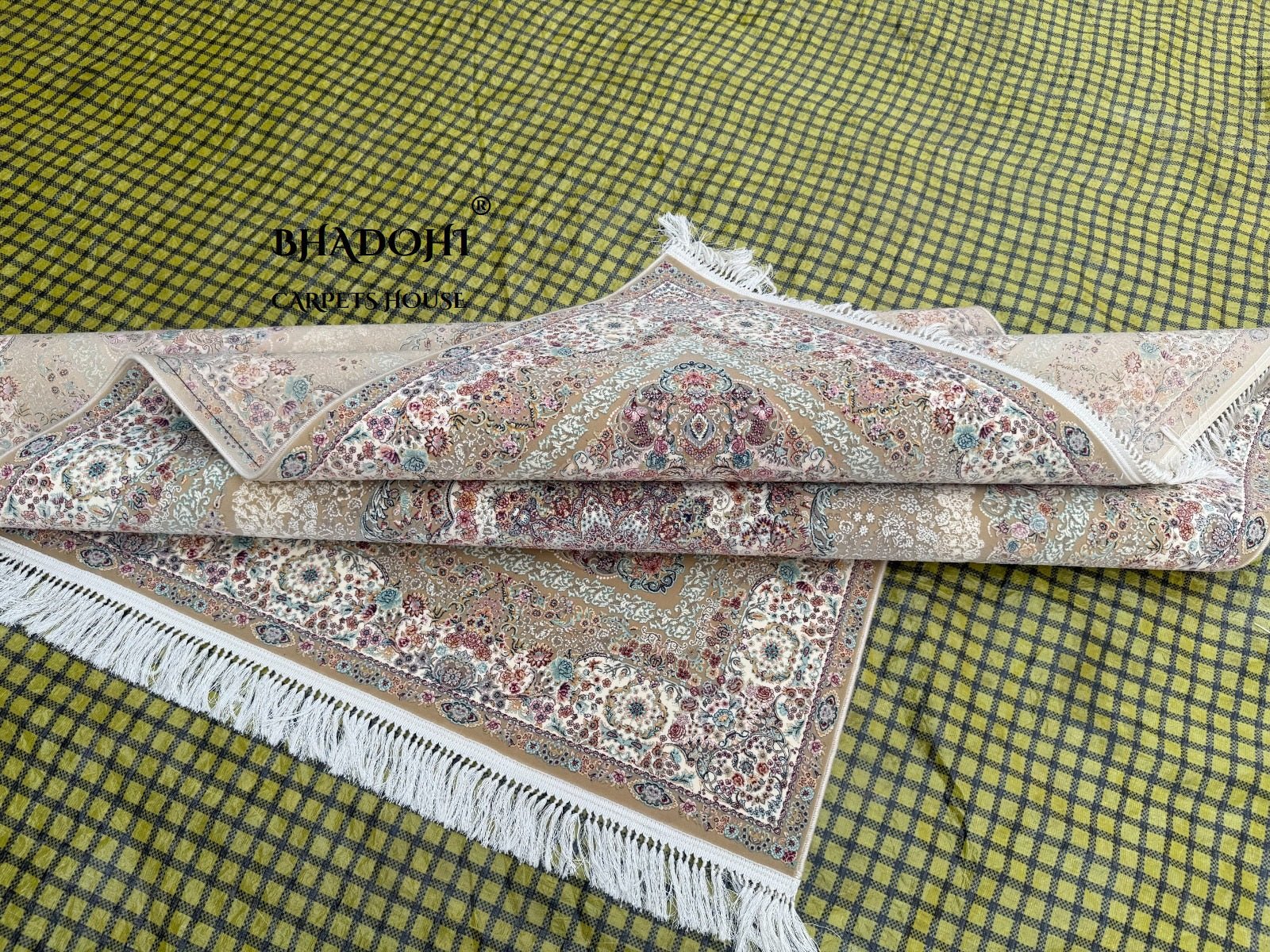 Beige Color Iranian Knotted 1200 Reeds Silk Rug