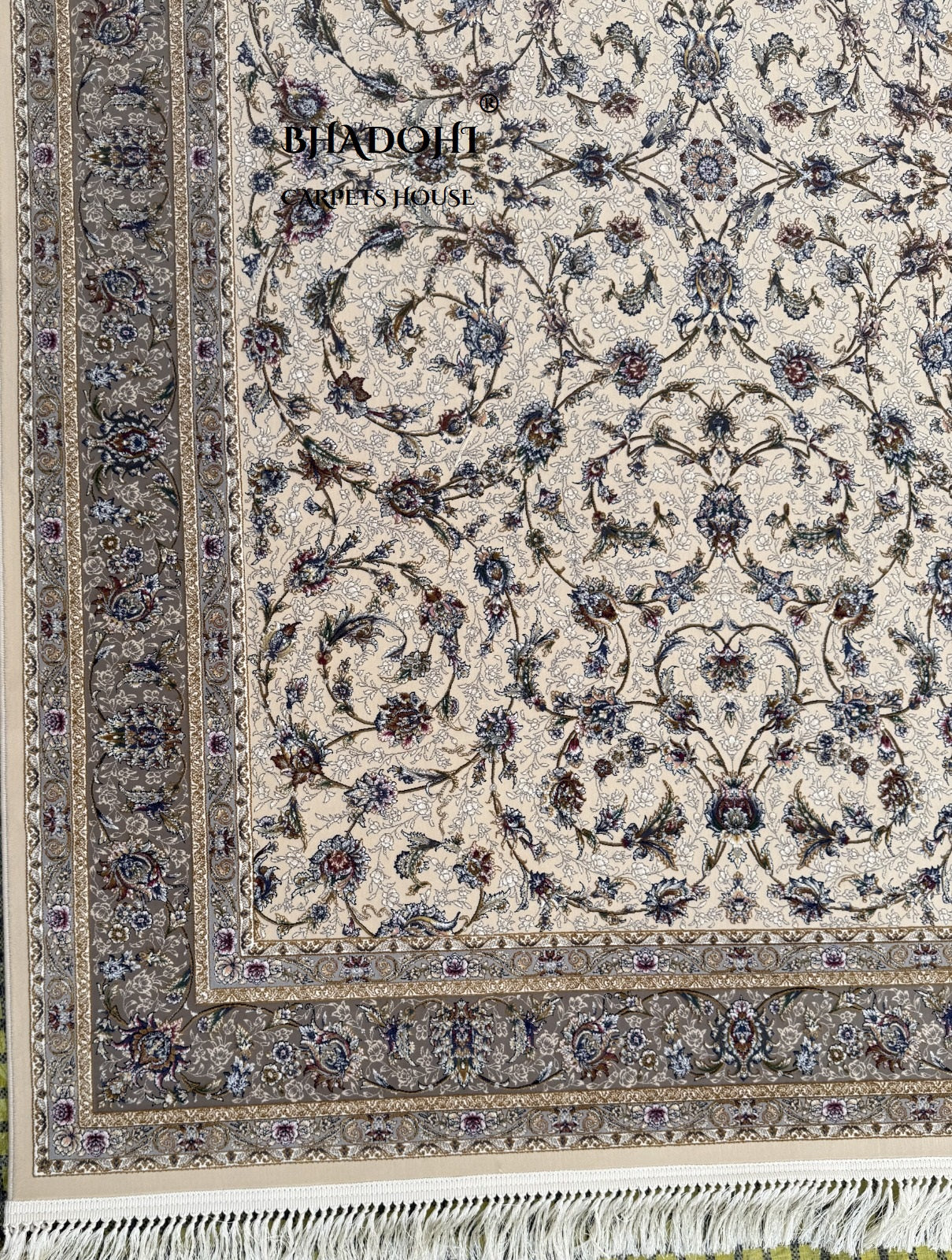 Beige Color Iranian Knotted 1200 Reeds Silk Rug