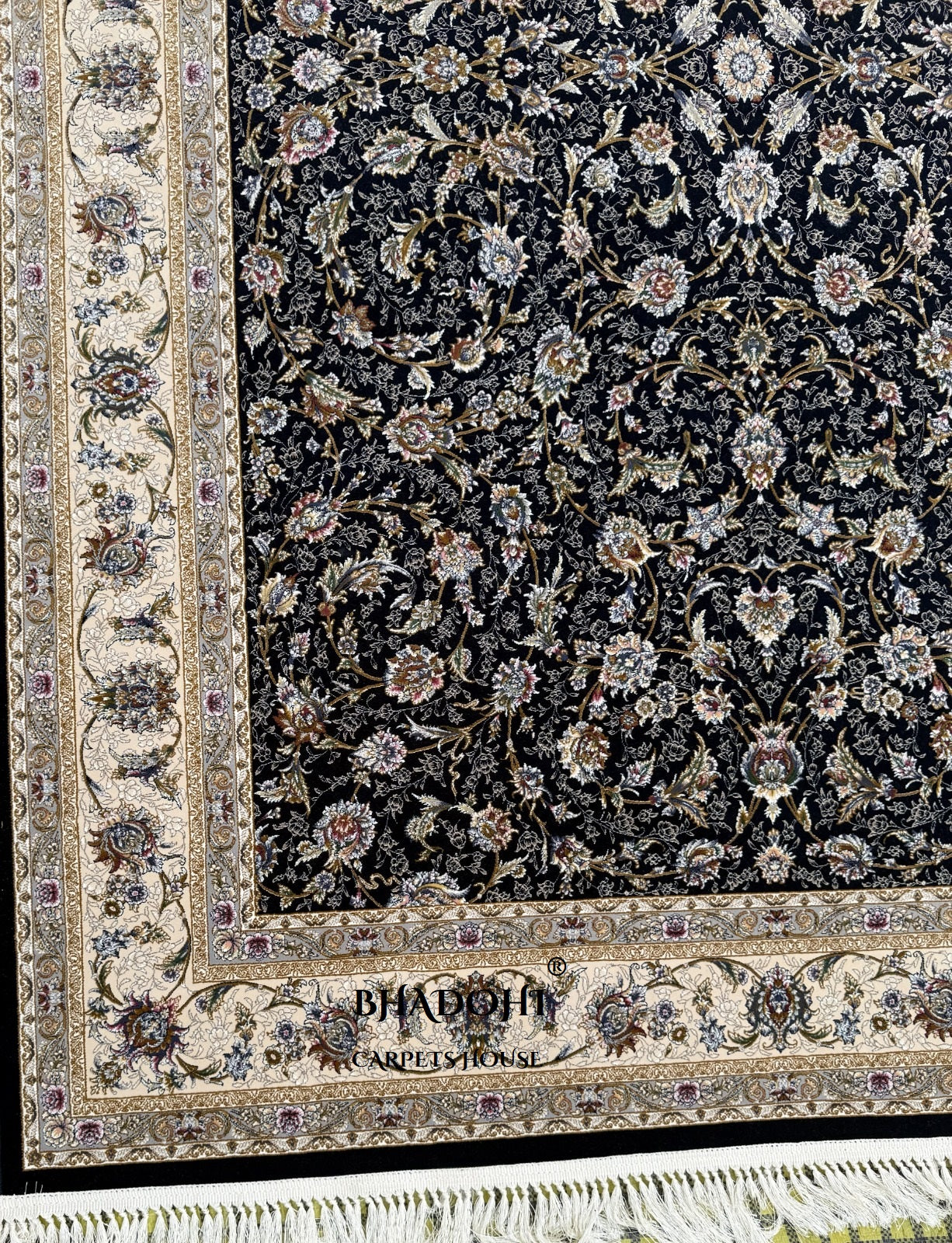 Black Color Iranian Knotted 1200 Reeds Silk Rug