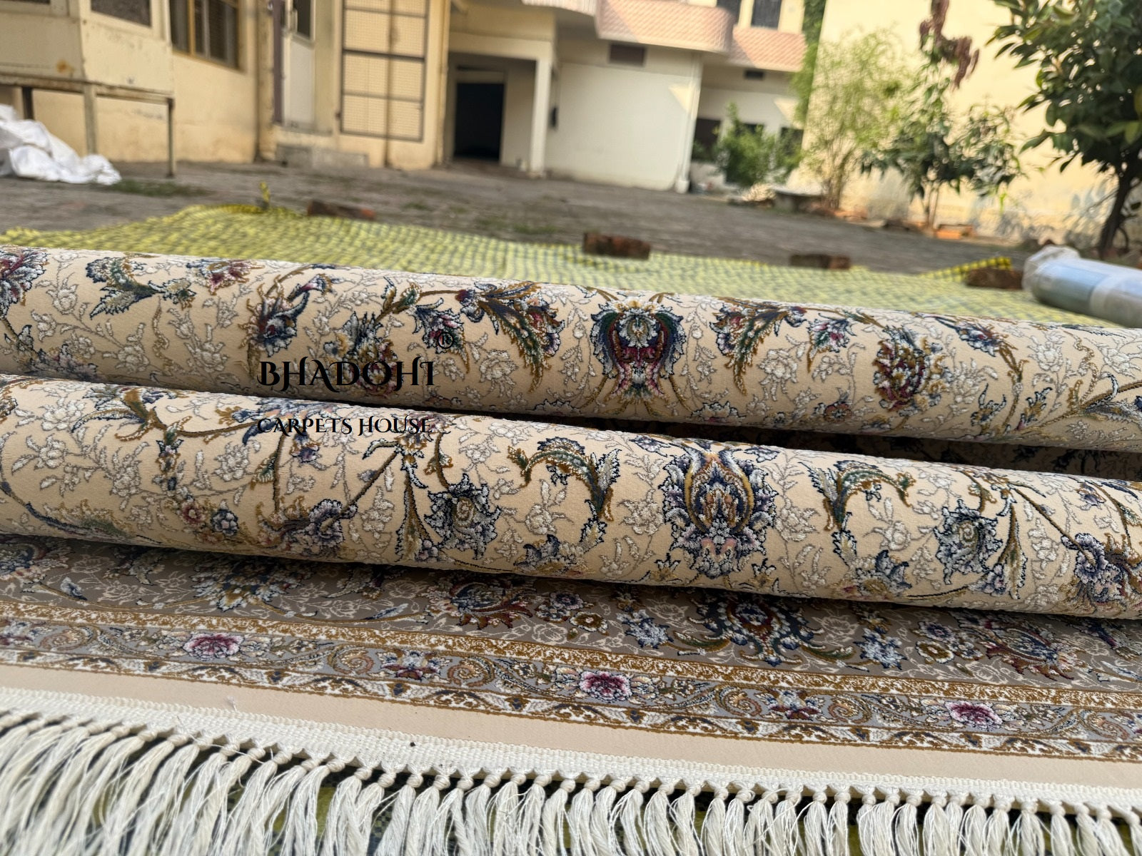 Beige Color Iranian Knotted 1200 Reeds Silk Rug