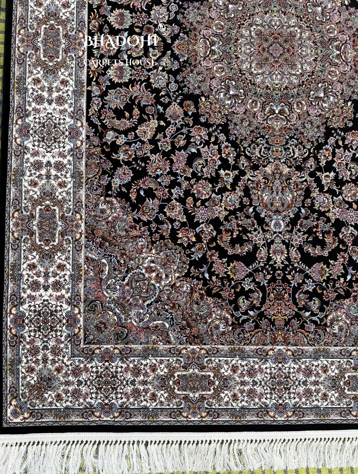 Black Color Iranian Knotted 1200 Reeds Silk Rug