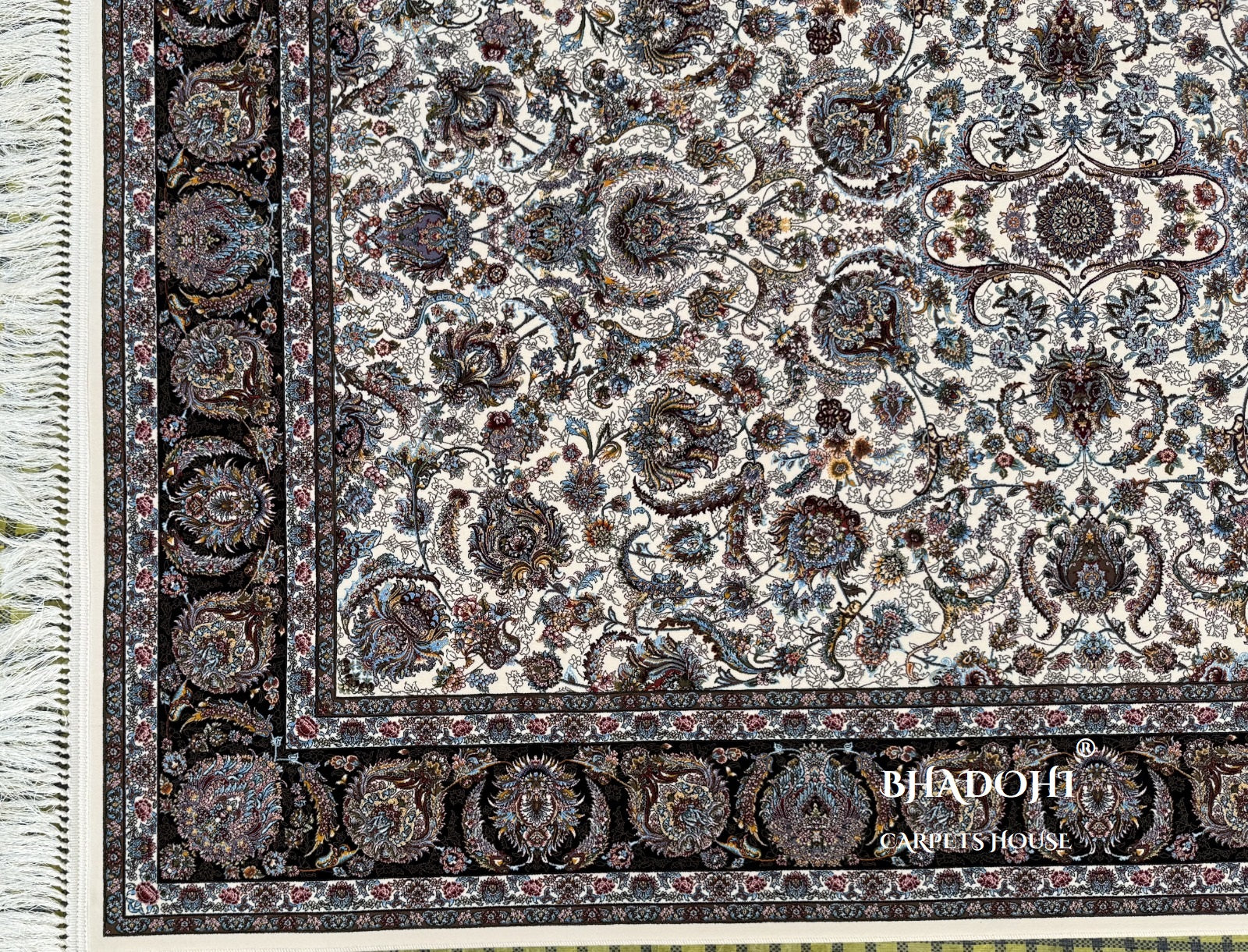 Ivory Color Iranian Knotted 1200 Reeds Silk Rug