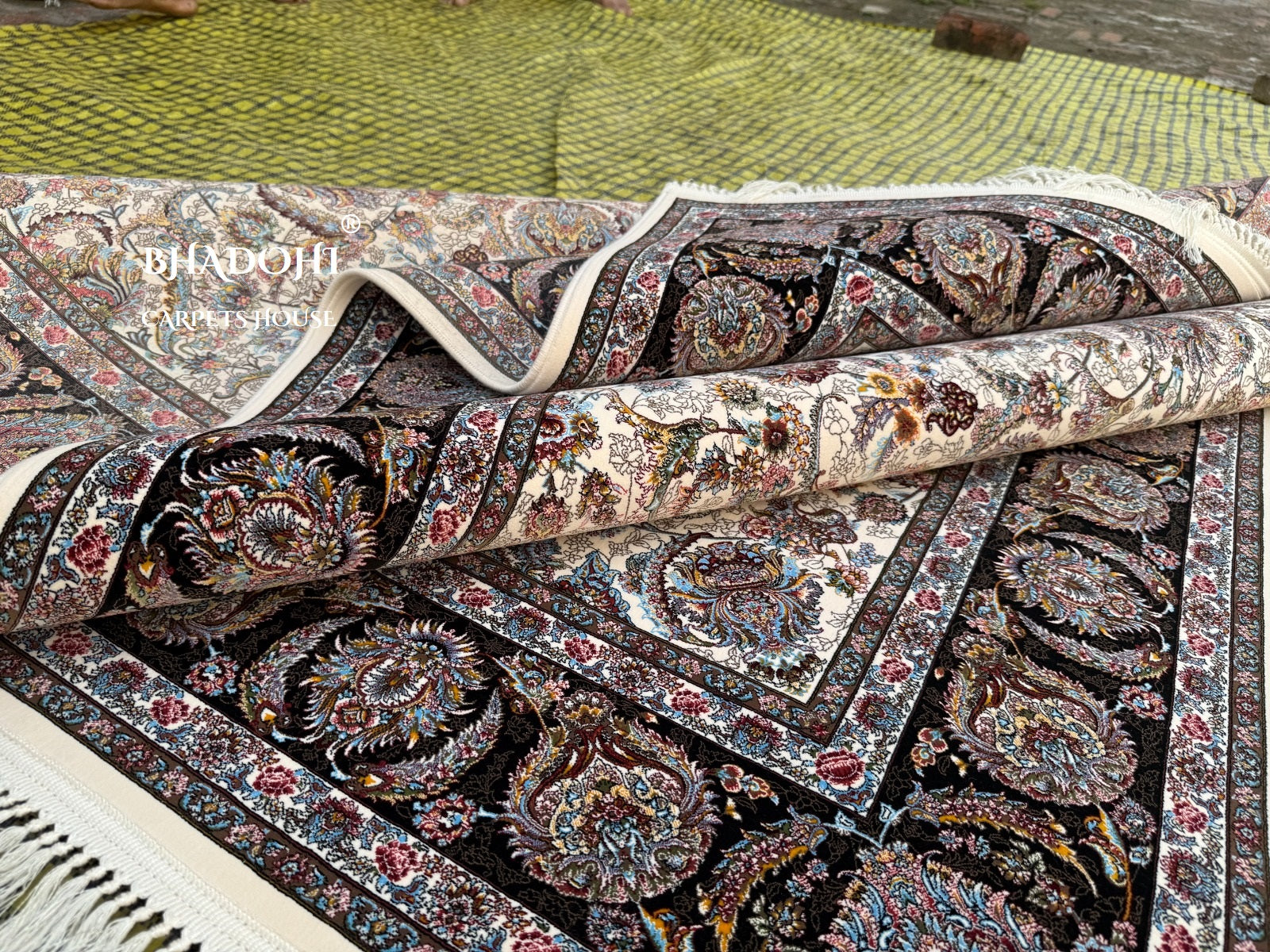 Ivory Color Iranian Knotted 1200 Reeds Silk Rug