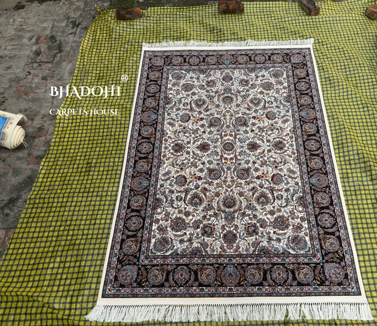 Ivory Color Iranian Knotted 1200 Reeds Silk Rug