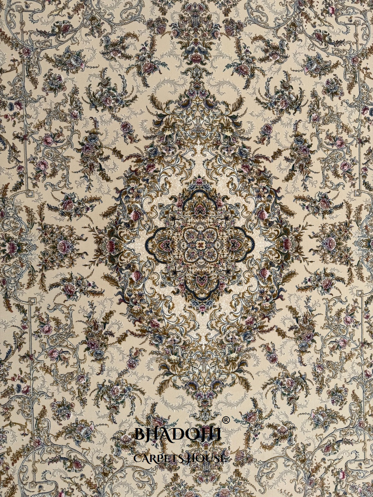 Cream Color Iranian Knotted 1200 Reeds Silk Rug