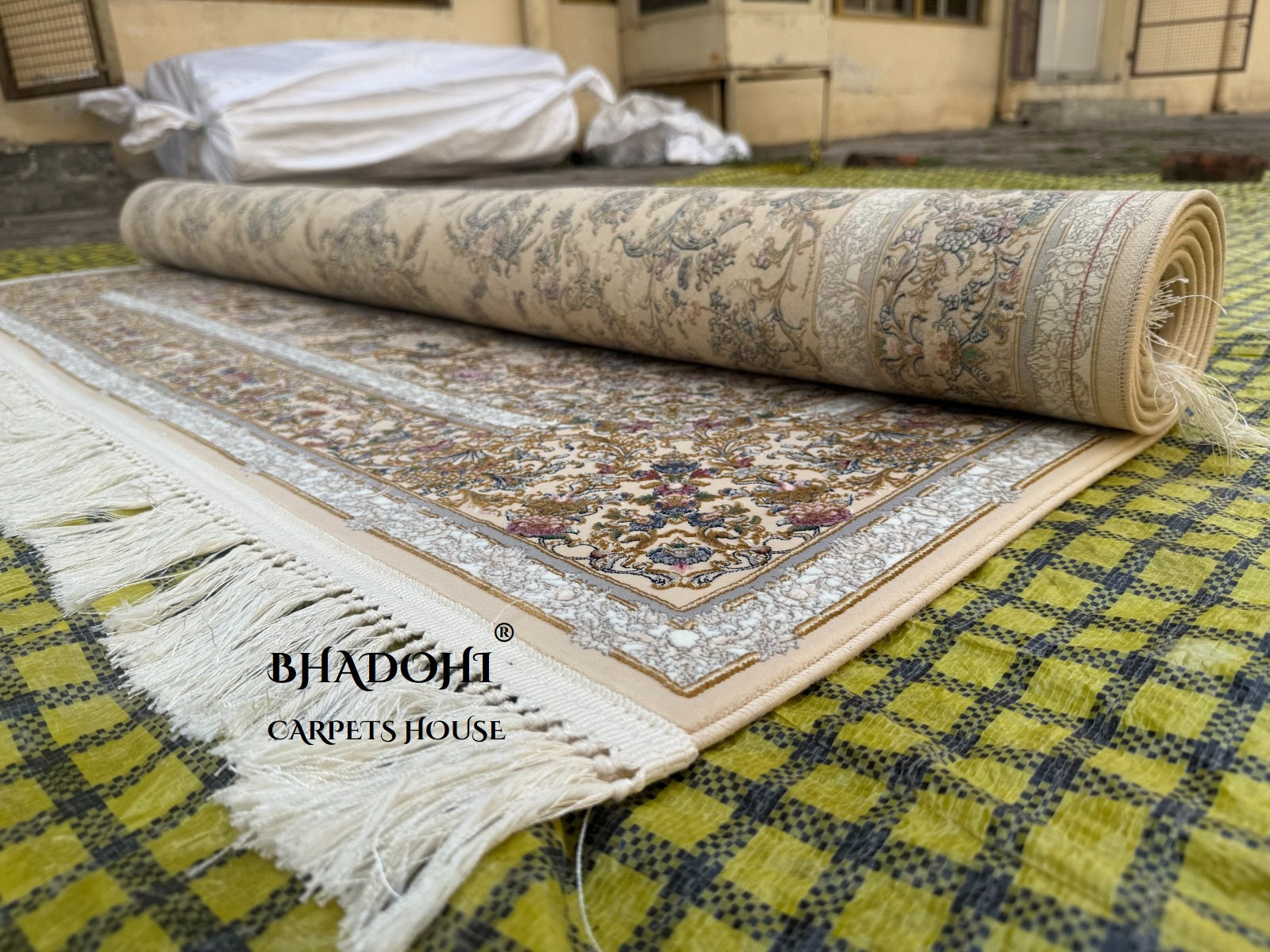 Cream Color Iranian Knotted 1200 Reeds Silk Rug