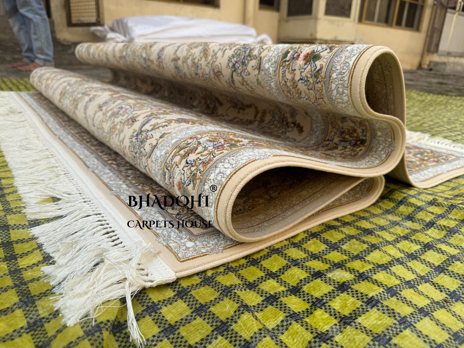 Cream Color Iranian Knotted 1200 Reeds Silk Rug