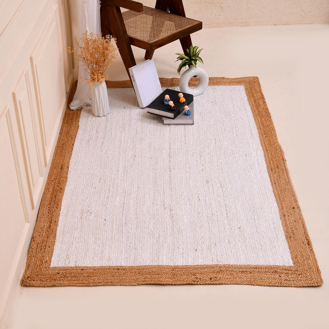 White & Beige Color Handmade Braided Jute Carpet