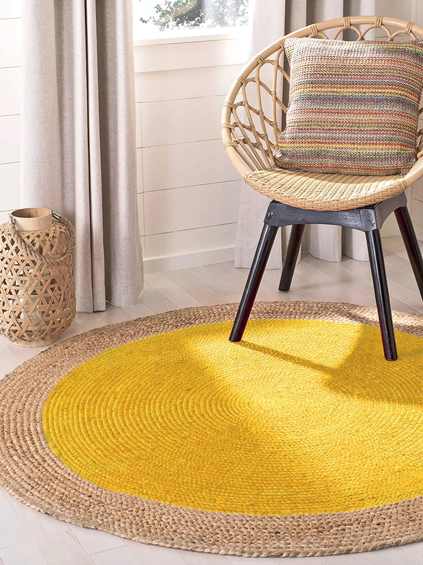 Yellow Border Round Handmade Braided Jute Rug