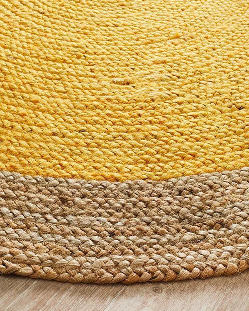 Yellow Border Round Handmade Braided Jute Rug