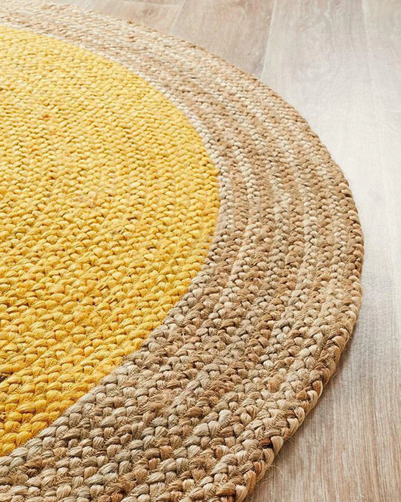 Yellow Border Round Handmade Braided Jute Rug