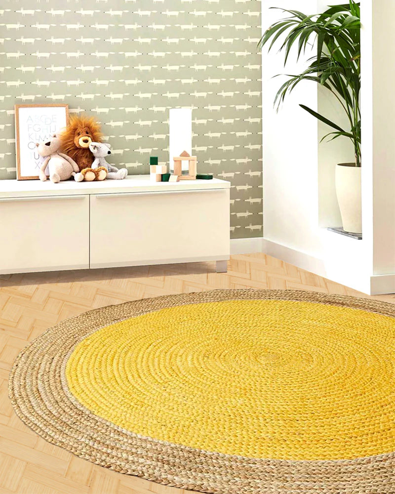 Yellow Border Round Handmade Braided Jute Rug