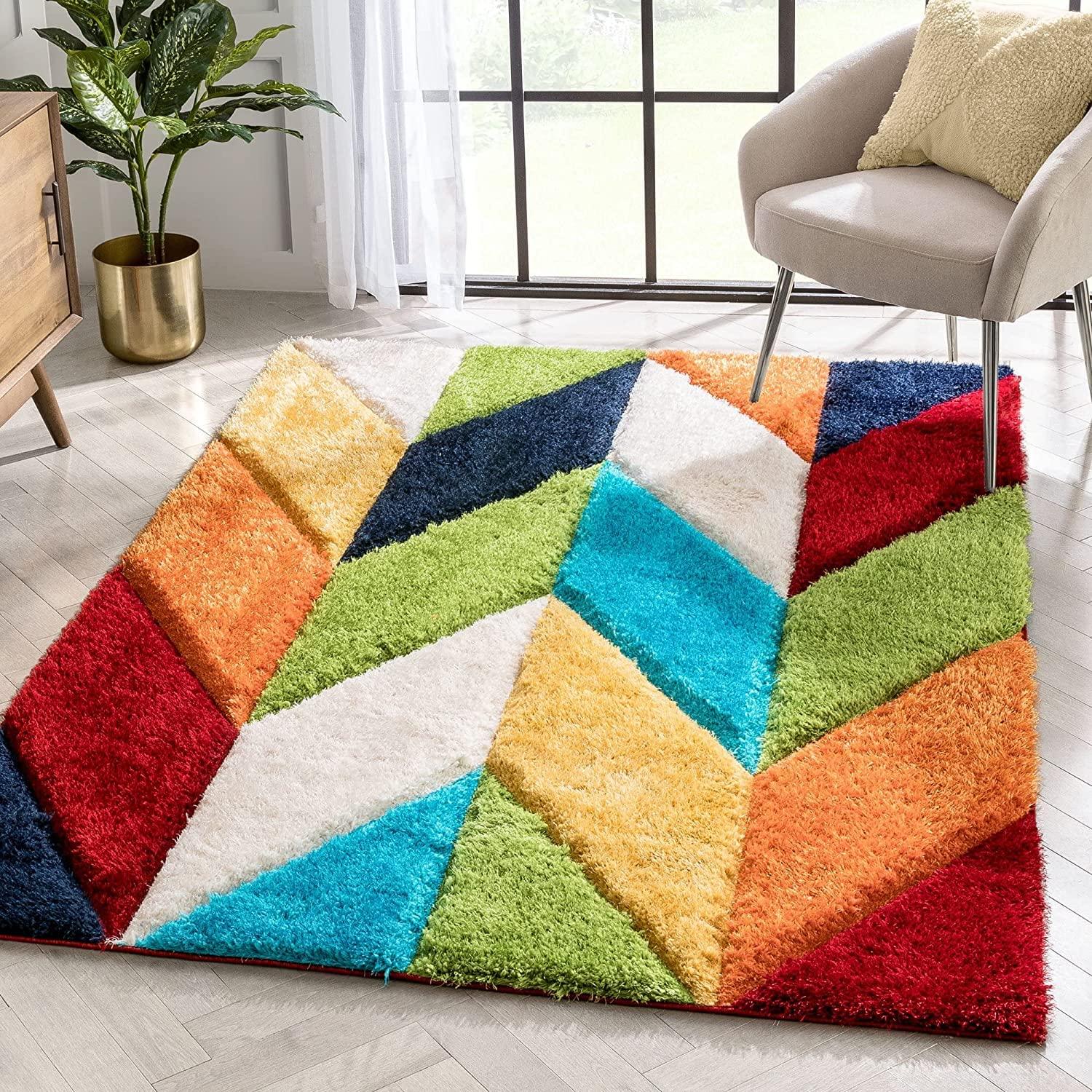 Colorful geometric Zen shaggy carpet rug in modern living room, Bhadohi Carpets House