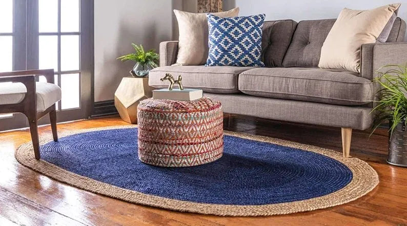 Navy Blue & White Oval Border Handmade Braided Jute Carpet