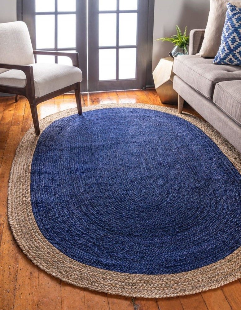 Navy Blue & White Oval Border Handmade Braided Jute Carpet