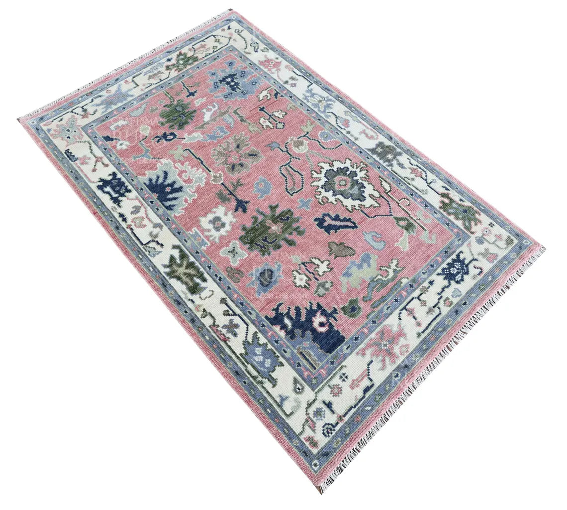 Pink Oushak Hand-Knotted Wool Rug