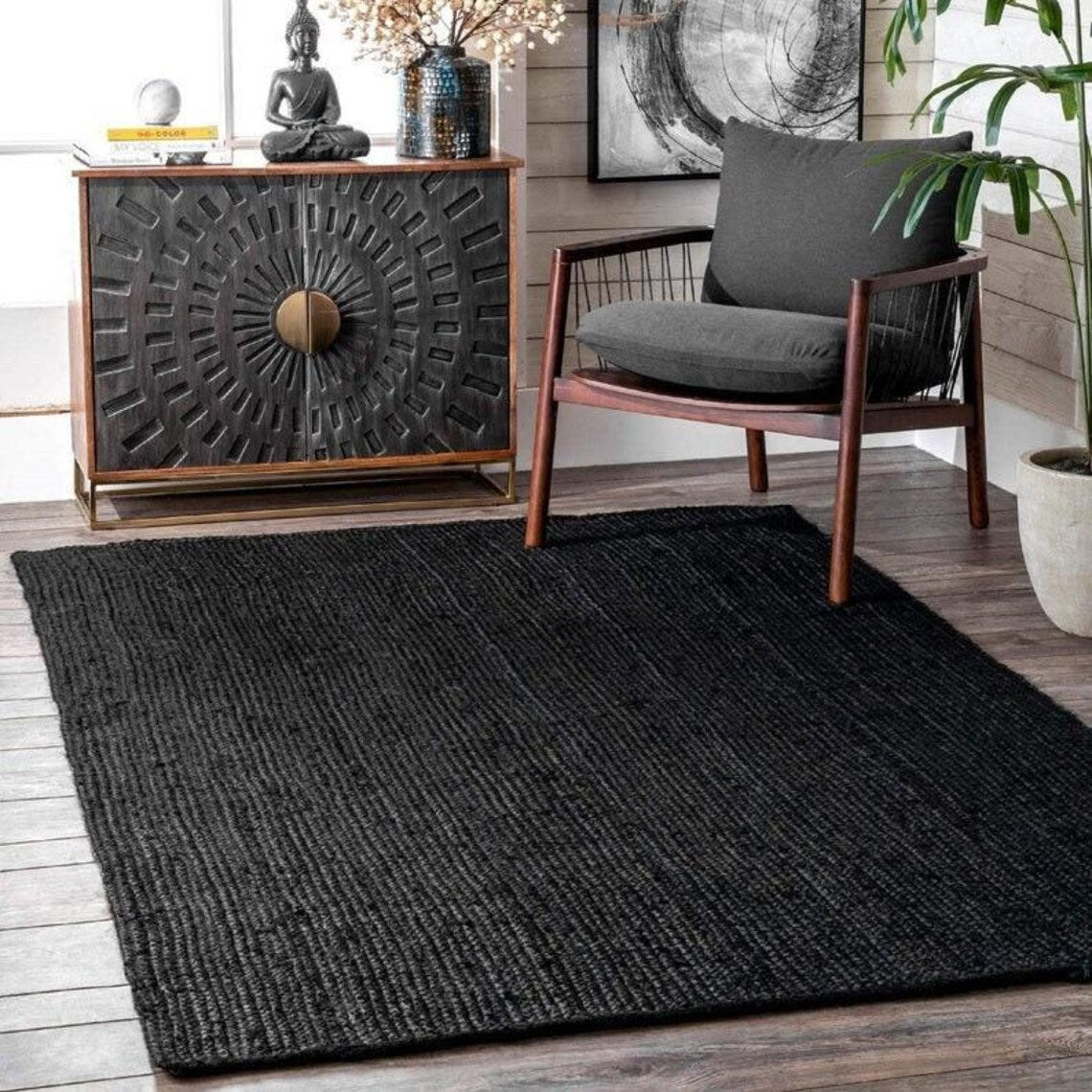 Black Color Handmade Braided Jute Carpet