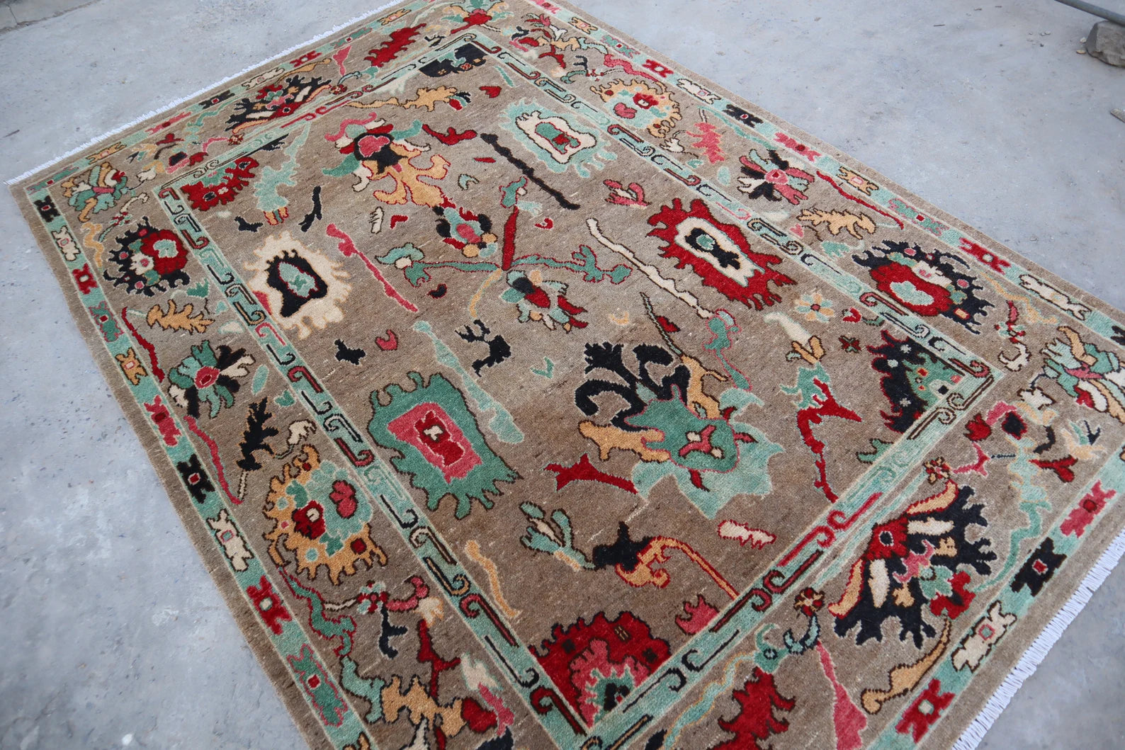 Lite Brown Oushak Hand-Knotted Wool Rug