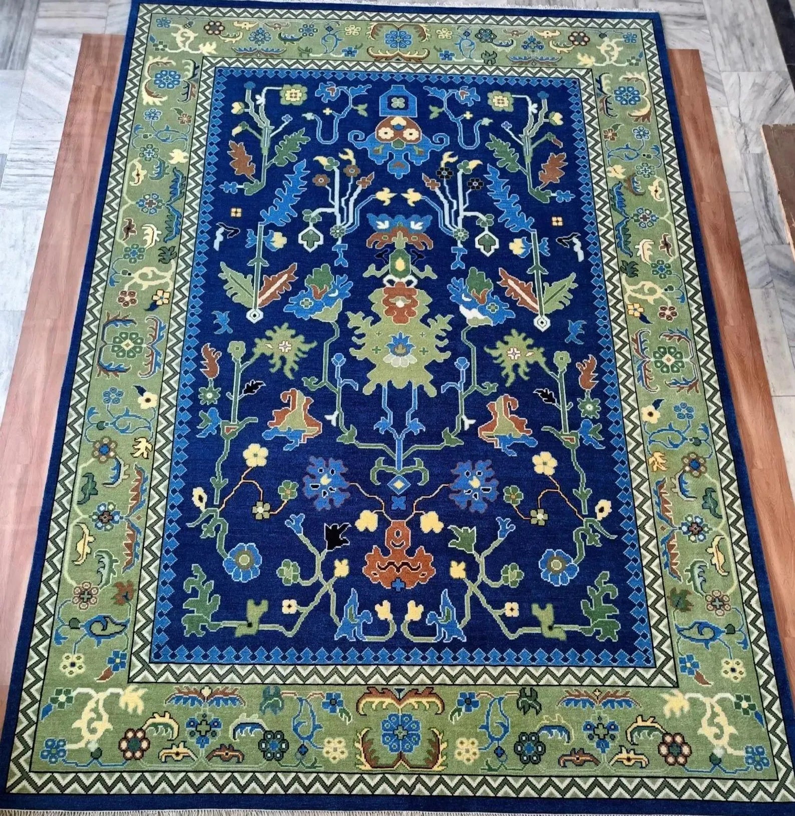 Navy Blue & Green Oushak Hand-Knotted Wool Rug