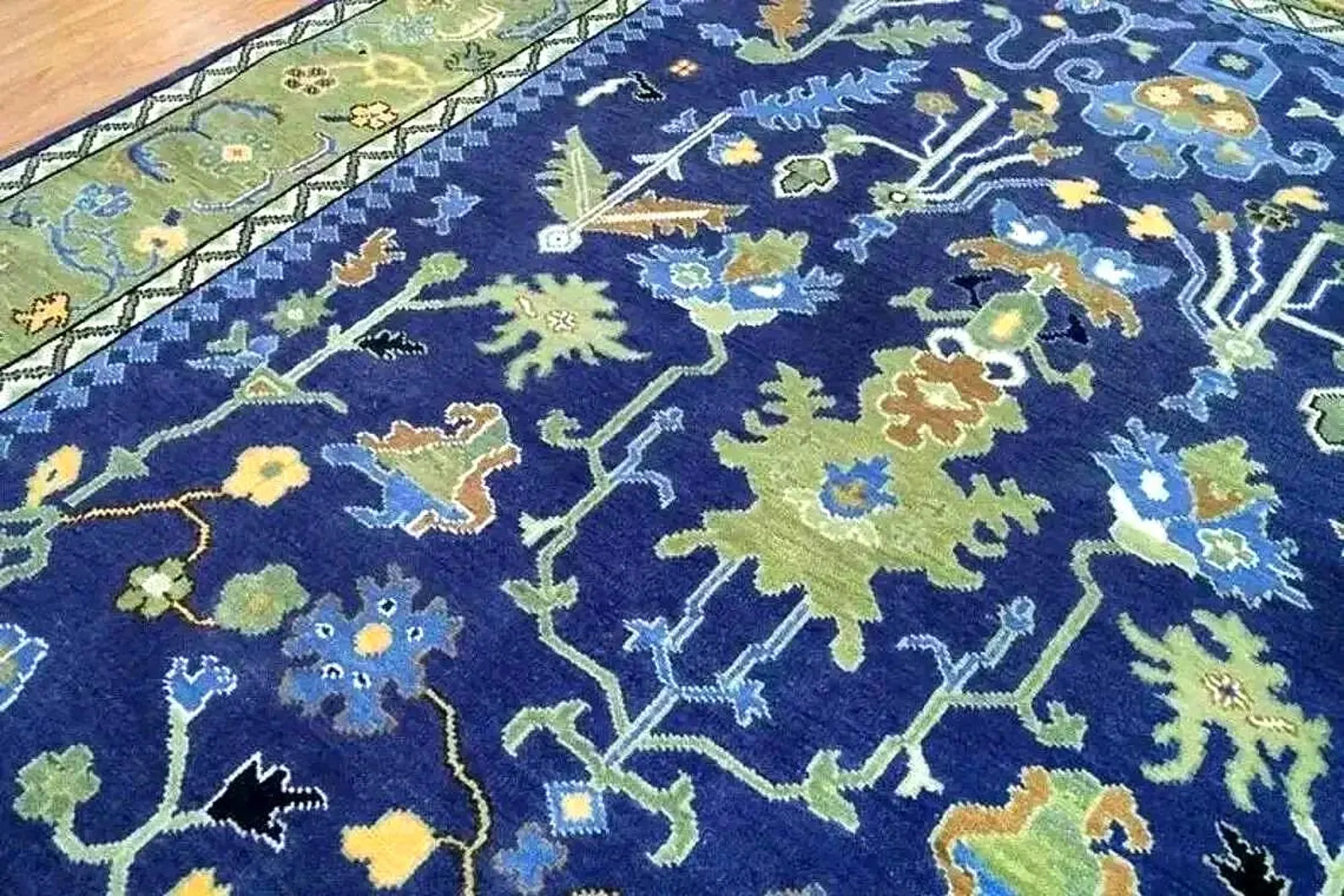 Navy Blue & Green Oushak Hand-Knotted Wool Rug