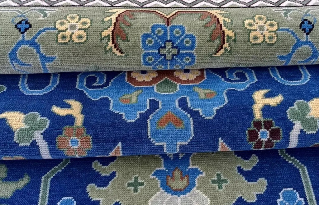 Navy Blue & Green Oushak Hand-Knotted Wool Rug