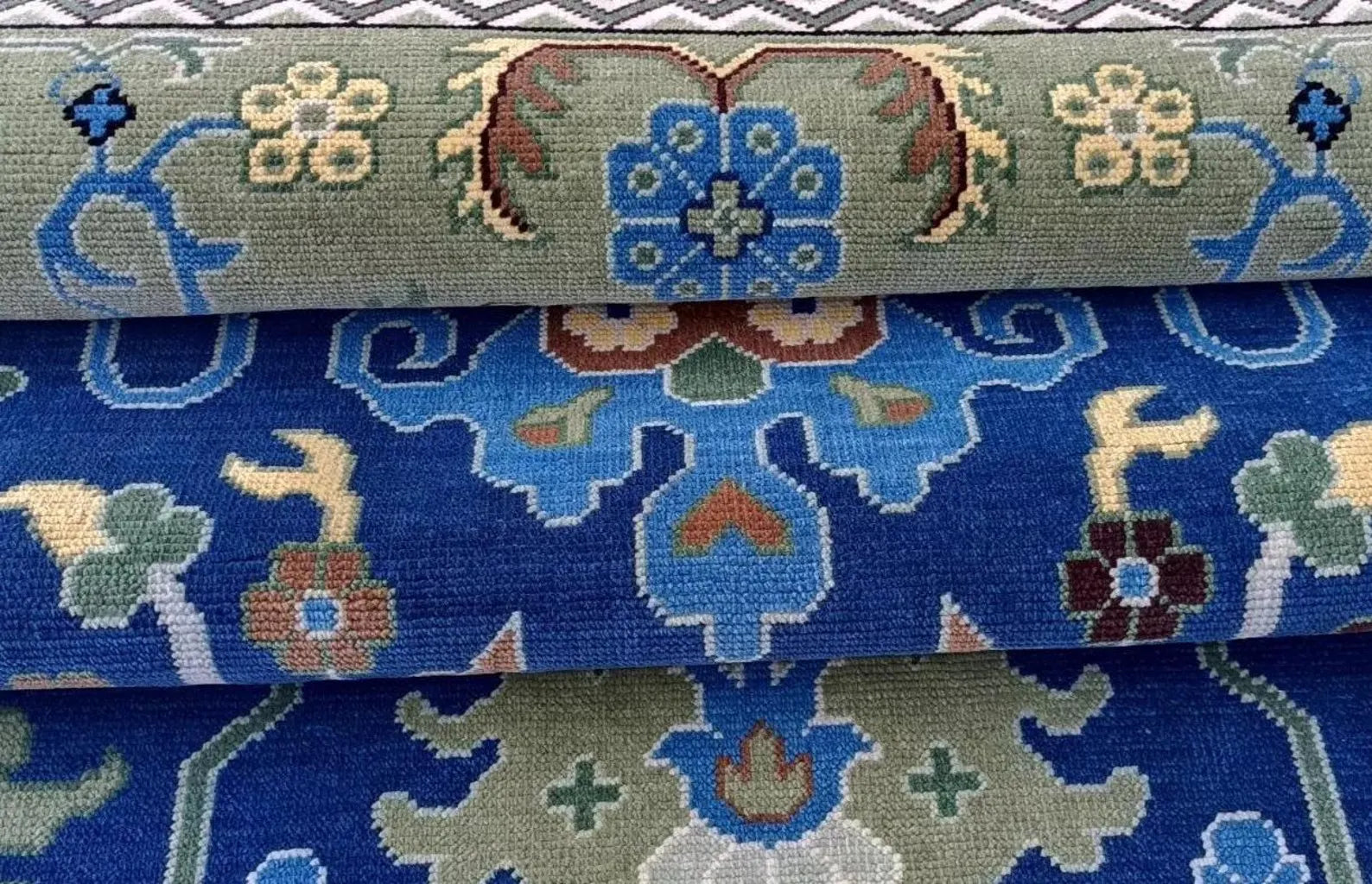 Navy Blue & Green Oushak Hand-Knotted Wool Rug