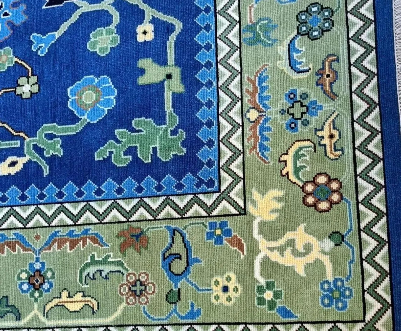 Navy Blue & Green Oushak Hand-Knotted Wool Rug