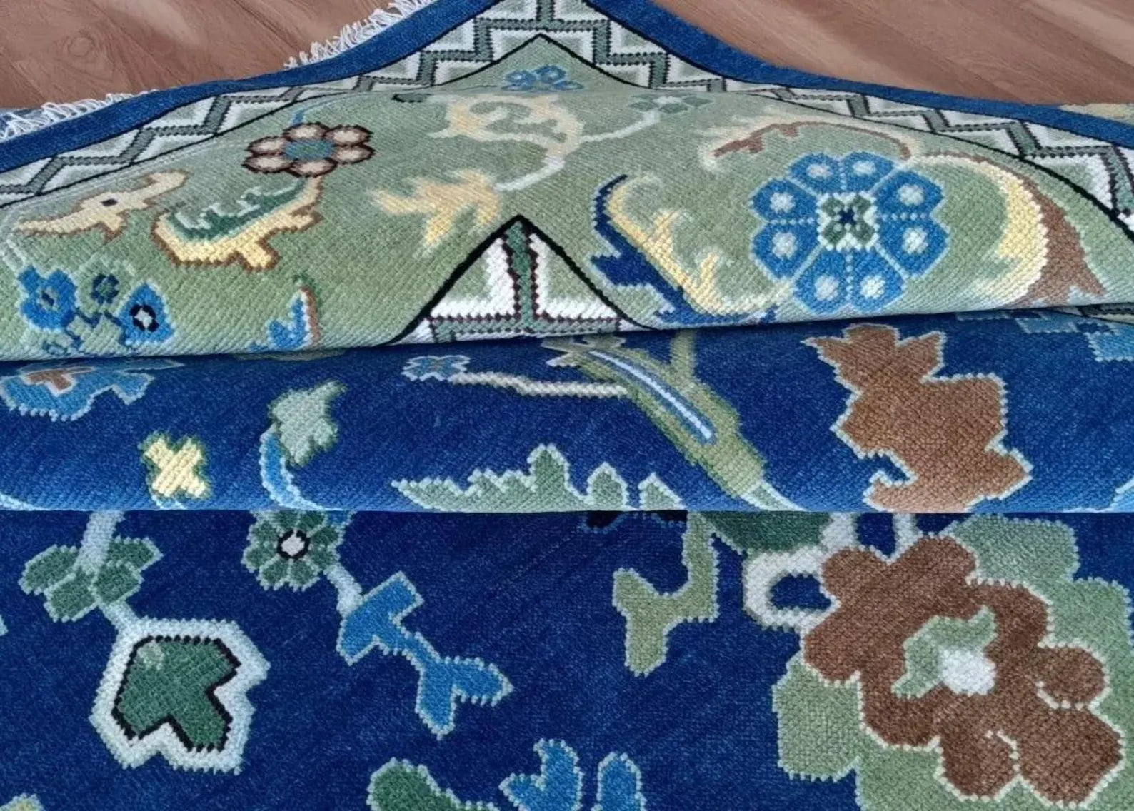 Navy Blue & Green Oushak Hand-Knotted Wool Rug