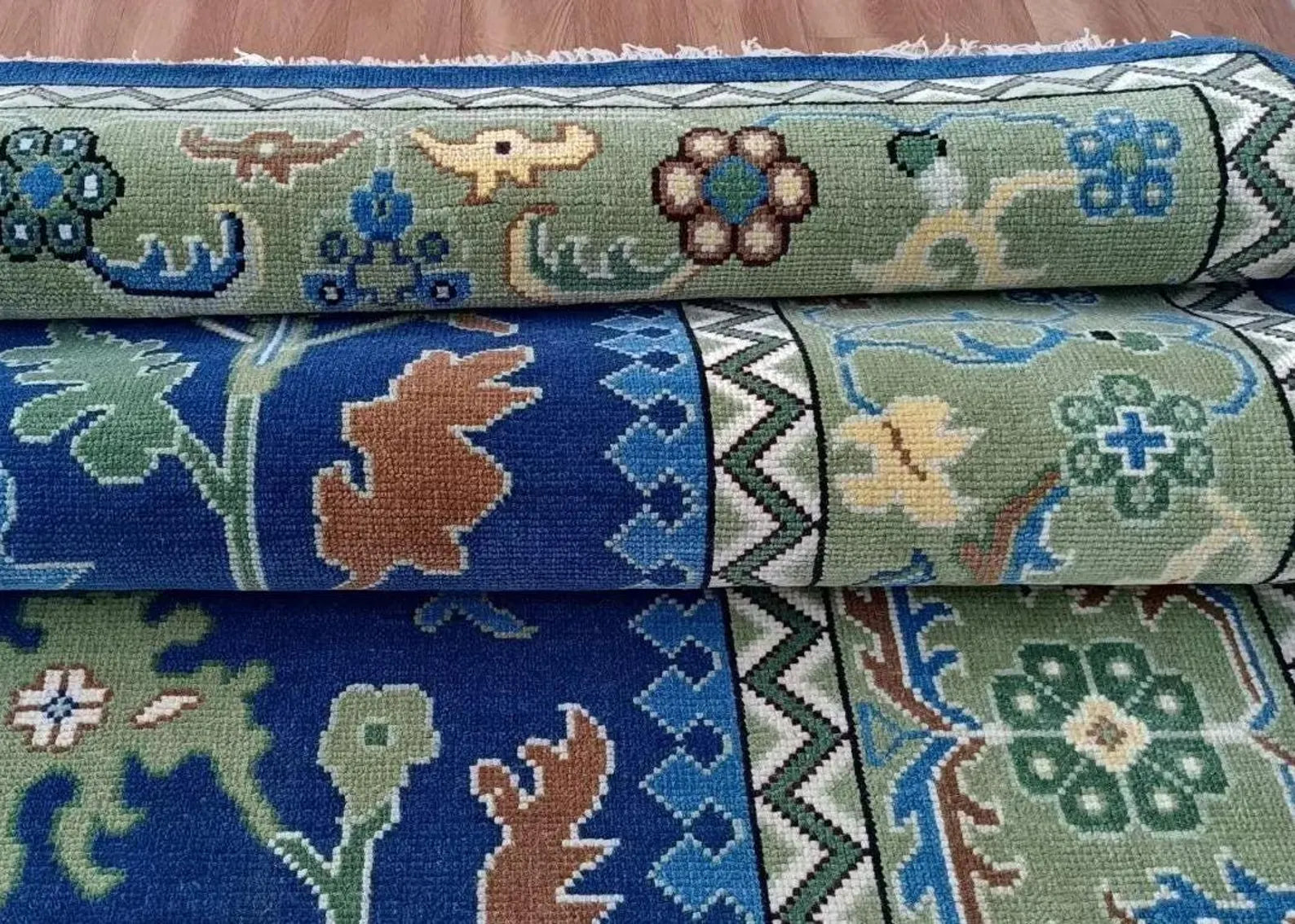 Navy Blue & Green Oushak Hand-Knotted Wool Rug