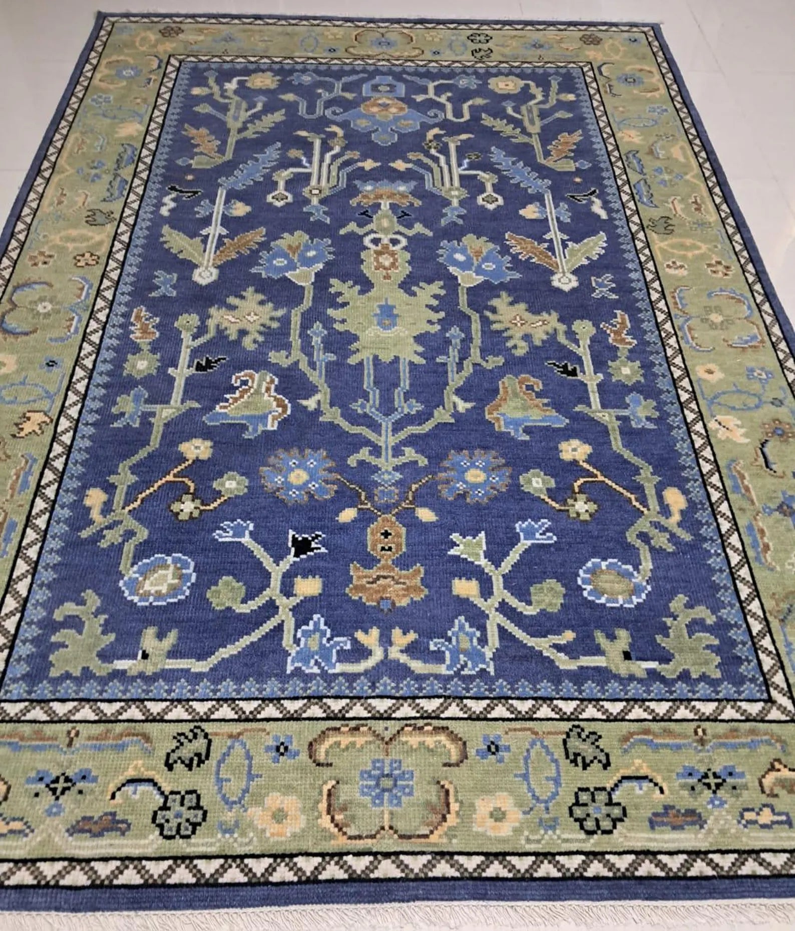 Blue Oushak Hand-Knotted Wool Rug