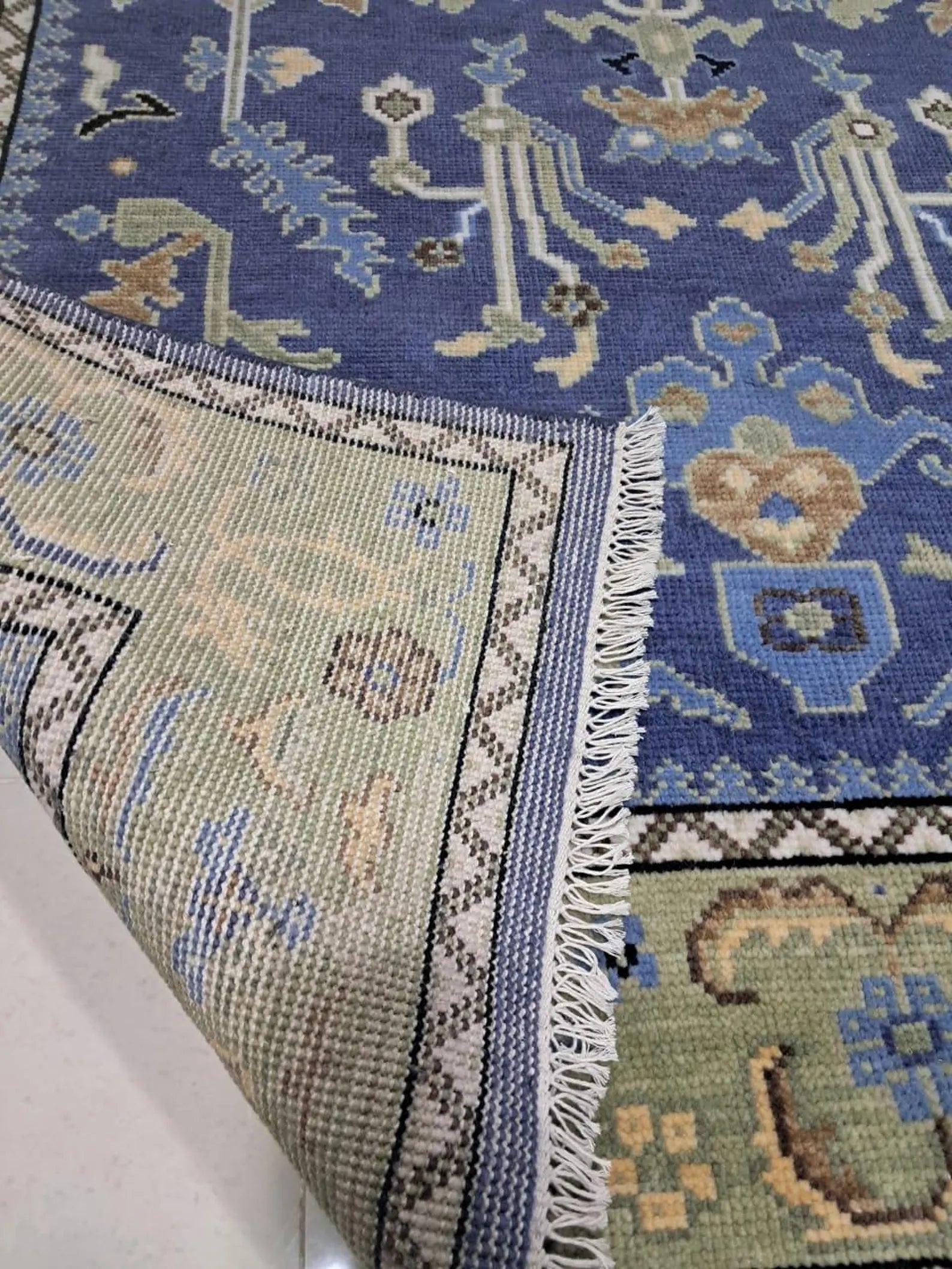 Blue Oushak Hand-Knotted Wool Rug