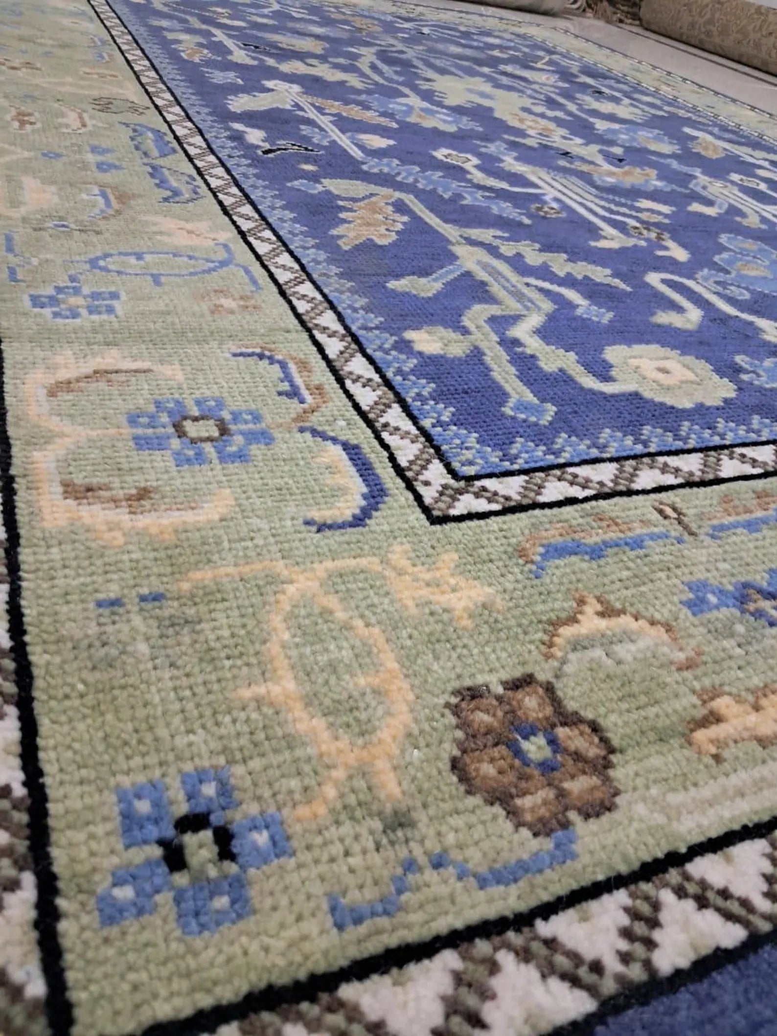 Blue Oushak Hand-Knotted Wool Rug