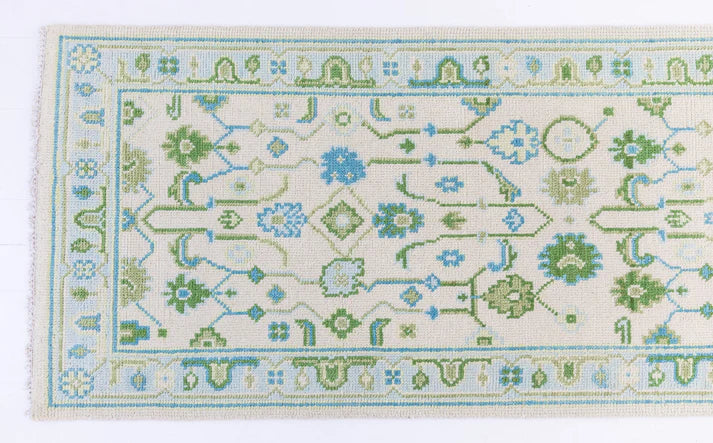 Ivory Green Oushak Hand-Knotted Wool Rug