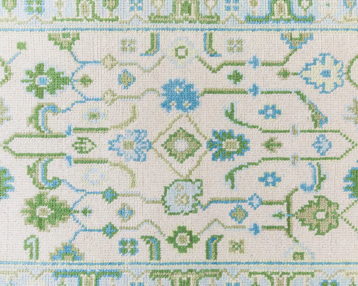 Ivory Green Oushak Hand-Knotted Wool Rug