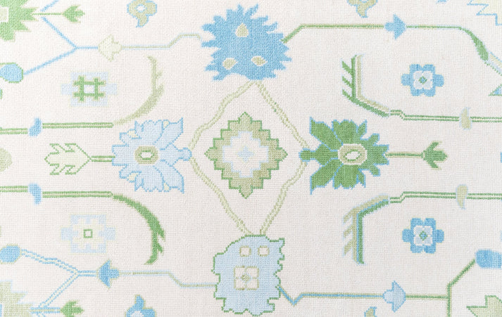 Ivory Green Oushak Hand-Knotted Wool Rug