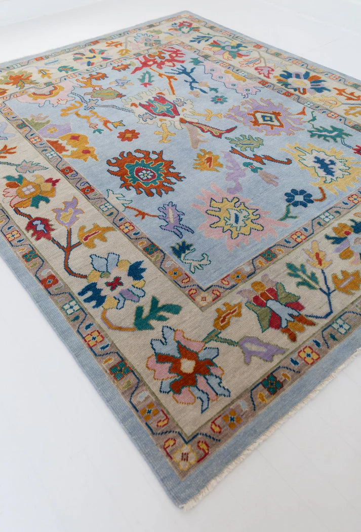 Bluish Grey Oushak Hand-Knotted Wool Rug