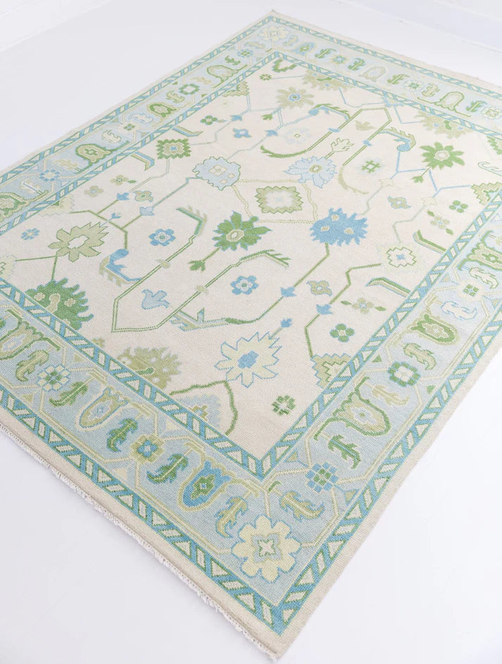 Ivory Green Oushak Hand-Knotted Wool Rug