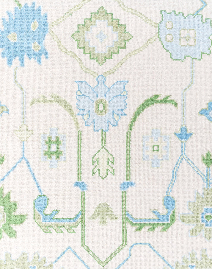 Ivory Green Oushak Hand-Knotted Wool Rug
